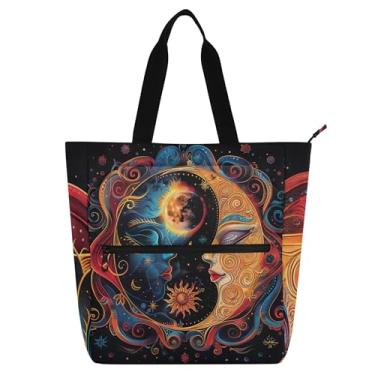 Imagem de GAIGEO Boho Colorido Lua Sol Bolsas de Trabalho para Mulheres Sacola de Lona com Zíper Sacola de Praia Bolsas de Professores Amantes de Livros