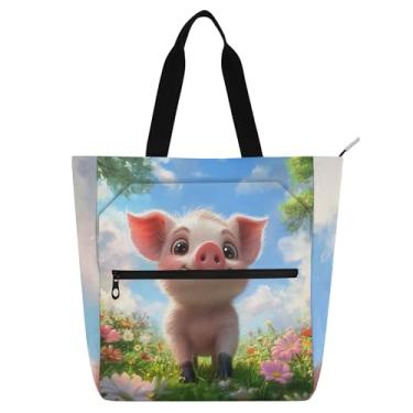 Imagem de GAIGEO Big Eyed Cute Piglet Tote Bag for Kids and Women Zip Canvas School Book Lovers Gift Work Purse Shopping Bag with Funny Animal Print