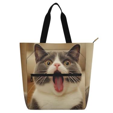 Imagem de GAIGEO Linda bolsa de ombro cinza de gato bocejos, para mulheres, crianças, bolsa de ombro com zíper, trabalho, viagem, escola