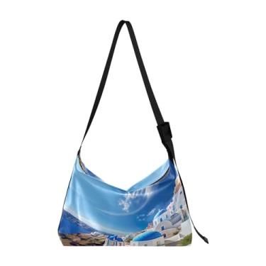 Imagem de Bolsa de ombro branca com folhas tropicais, bolsa tiracolo masculina de couro, alça grossa, Edifícios com cúpula azul - 4, One Size