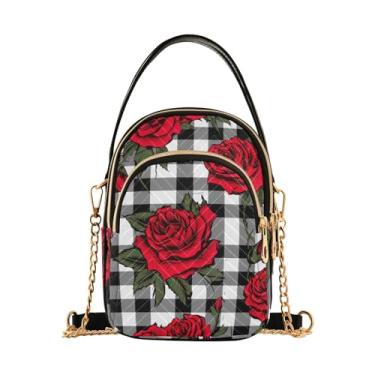 Imagem de Flores azuis e folhas verdes em crossbody feminino xadrez azul, bolsa de ombro transversal, bolsas de ombro para mulheres modernas, Rosas vermelhas no tabuleiro xadrez preto e branco 3, One Size