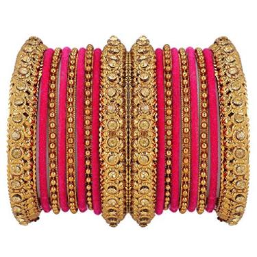 Imagem de Efulgenz Conjunto de pulseiras de veludo tribal de cristal indiano oxidado antigo Boho rosa