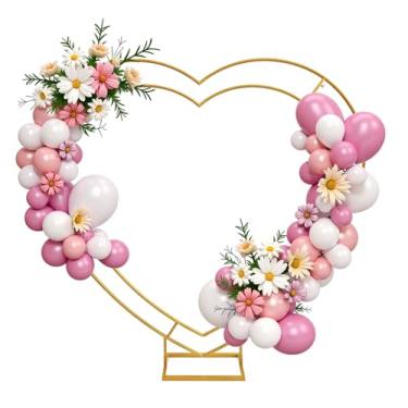 Imagem de IKULE Arcos de metal de casamento em formato de coração duplo, suporte de balões de flores douradas para cerimônias, festas de aniversário, decorações de formatura e chá de bebê