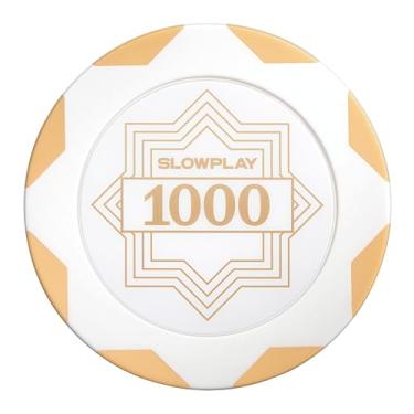 Imagem de SLOWPLAY Nash Clay Poker Chips White Gold Edition, composto de argila pesada de 14 gramas, fichas grandes de 40 mm a granel, pacote com 50 com denominação de 1000
