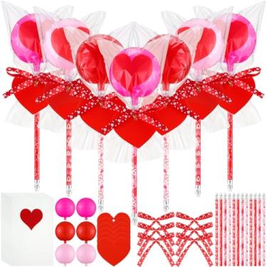 Imagem de Gemscream 24 Pack Valentine Fillable Gift Bulk Giant Lollipop Shaped with Heart-shaped Plastic Bag, Tags, Pencils and Ribbon for Valentine Exchange Favor Galentine Party Birthday Gift(Multicolor)