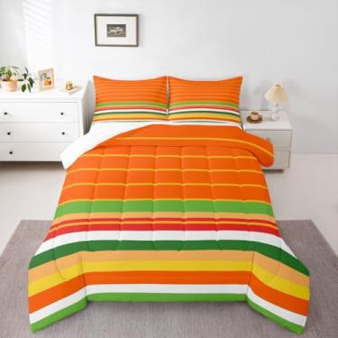 Imagem de jejeloiu Conjunto de edredom geométrico, tamanho solteiro, com listras amarelas, laranja, verde, para crianças, meninos, meninas, moderno, decoração de quarto de luxo, microfibra, 2 peças com 1 fronha