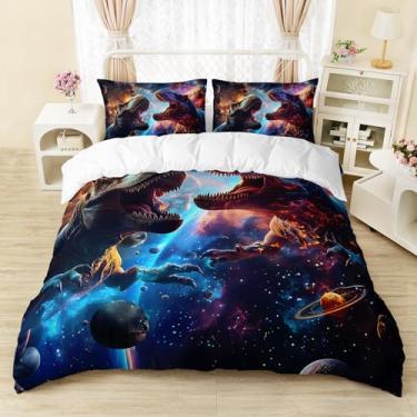 Imagem de AILONEN Conjunto de capa de edredom de dinossauro, solteiro, 3 peças, galáxia, espaço sideral, selva, animal, estampa planeta 3D, capa de edredom + 2 fronhas