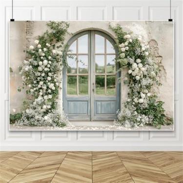 Imagem de Renaiss 2,1 x 1,5 m Pano de fundo de parede rústico descascando parede arco porta fotografia fundo primavera rosa branca flores casa de fazenda casamento chá de noiva decoração de festa de aniversário