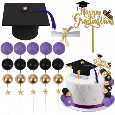 Imagem de Acmee Graduation Cake Toppers - Graduations Cap Diploma Balls Congrats Grad Cake Decorations for 2025 High School College Senior Graduation Supplies (Purple Black Gold)