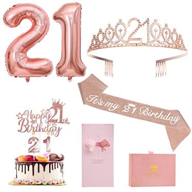 Imagem de Decorações de aniversário de 21 anos para ela ZJDZTK, incluindo faixa de aniversário de 21 anos de ouro rosa, coroa, topo de bolo, velas digitais, conjunto de balões, cartão de acompanhamento e linda