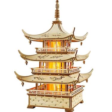 Imagem de Wood Trick Harmony Tower Pagoda LED 3D Quebra-cabeças de madeira para adultos construírem - Gravuras delicadas - Iluminação de 2 modos - Projetos de engenharia DIY Mecânicos 3D Kits de Modelo de