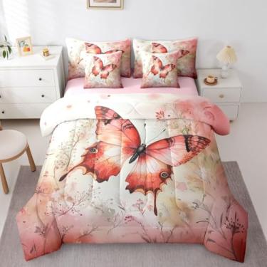 Imagem de Erosebridal Jogo de cama de 7 peças com estampa de borboleta, rosa, laranja, aquarela, para quarto de meninas, crianças, adolescentes, flores silvestres, vintage, estilo pastel, enchimento de edredom