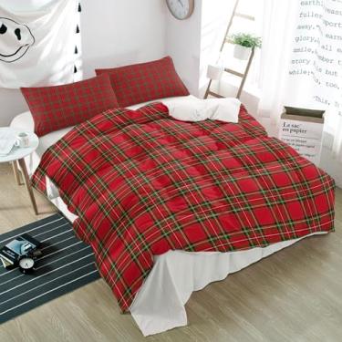 Imagem de Chucoco Conjunto de 3 peças de capas de edredom queen para o dia dos namorados, tartan, vermelho, verde, xadrez, macio, conjunto de capa de edredom leve para quarto, listras românticas