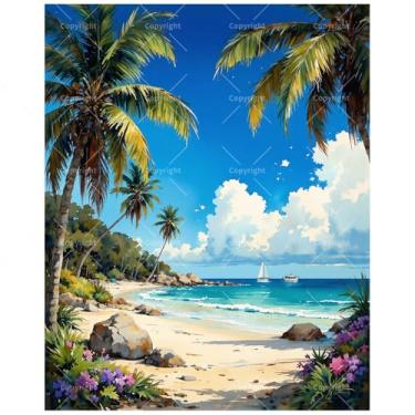 Imagem de Kit de pintura Tropical Paradise por números para adultos - DIY pintura de praia com vista para ilha e oceano em tela, 40,6 x 50,8 cm, conjunto de tinta acrílica, adequado para iniciantes, arte para