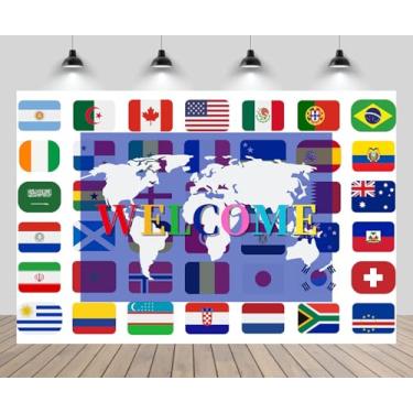 Imagem de chnywork Cenário de boas-vindas para Copa do Mundo de 2,1 x 1,5 m, mapa do mundo, bandeiras nacionais, para decoração de festa de futebol americano, adereços de cabine de fotos
