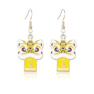 Imagem de coadipress Brincos de dança de leão para mulheres, estilo chinês, dragão, cabeça de animal, fogos de artifício, brincos de festa de ano novo, joias do festival da primavera, Medium, Metal, Sem pedra