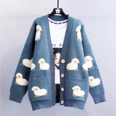 Imagem de Cardigan Feminino Azul De Lã Com Estampa De Ovelha, Decote Em V, Manga
