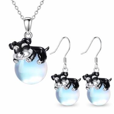 Imagem de SUPAC Lindo conjunto de joias para cães Schnauzer com pedra da lua, colar com pingente de cristal preto e azul e brincos pendurados, 6,3 cm de comprimento, Standard, Aço inoxidável, Zircônia cúbica
