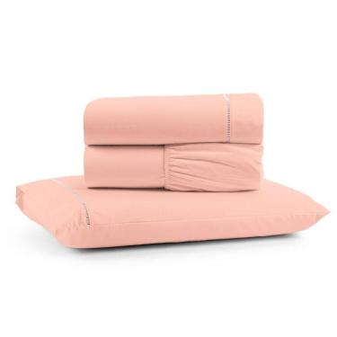 Imagem de Jogo Cama Lençol Bali Solteiro Percal 180 Fios 100% Algodão Ponto Palito 3 Peças - Salmão