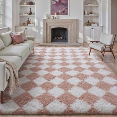 Imagem de HUGEAR Tapete quadriculado 15 x 23 cm rosa e branco moderno tapete felpudo lavável tapete de área grande tapete macio macio tapete felpudo aspirável para quarto decoração de casa antiderrapante