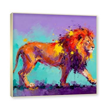 Imagem de NHLDZYH Moldura dourada. Arte abstrata de respingos de leão, pintura colorida de animais em tela, decoração de parede expressiva moderna para sala de estar ou escritório. A09. 30 x 30 cm - 11,8 x 11,8