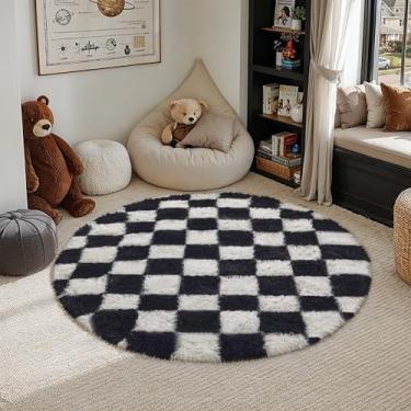 Imagem de PureCozy Tapete xadrez 10 x 10 cm para sala de estar, preto e branco moderno felpudo super macio lavável tapete felpudo para quarto, casa, dormitório, decoração estética