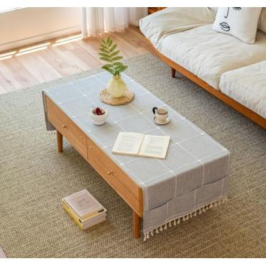 Imagem de LAVSHOME Toalha de mesa de café moderna com bolsos de armazenamento em ambos os lados, capa de mesa de café retangular com borlas, toalha de mesa impermeável para sala de estar, lavável na máquina
