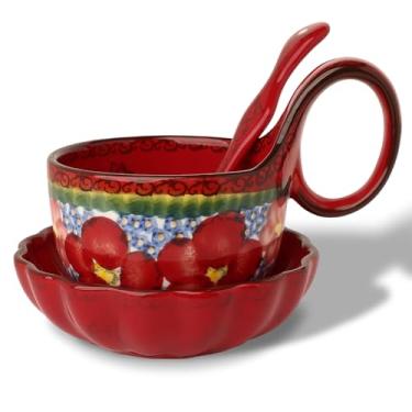 Imagem de silesia Tigela de sopa, prato e colher feita à mão feita à mão, tigela de cereal pintada à mão, ótima para sopa, sorvete, lanche, ensopado em caixa de presente, lava-louças e micro-ondas (vermelho