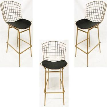 Imagem de Kit 3 Banquetas BERTÓIA dourado fosco assento preto tubular altura 70c