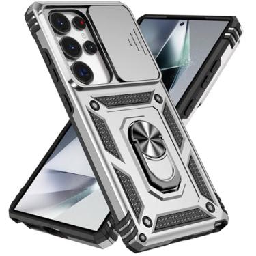 Imagem de POYUFRG Capa à prova de choque para Samsung Galaxy S26 Ultra/S26 Plus/S26, capa antiderrapante com suporte de anel magnético com capa de proteção de lente deslizante, prata, S26 Plus