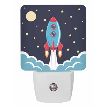 Imagem de Plug-in LED Night Light Lamp Sensor-Outer Space Space Exploration Rocket Spaceship Printed,Automatic Dimmable Dusk-to-Dawn Square Shaped Smart Night Lights for Nursery/Bathroom/Bedroom