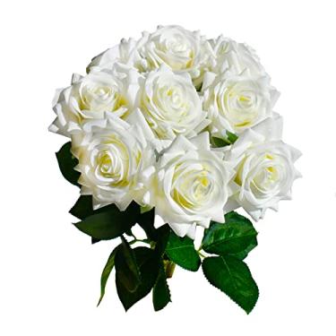 Imagem de Mandy's Flores de seda de rosa branca artificial com 10 hastes de plástico dobráveis para centros de mesa de casamento, presentes de decoração de casa 33,5 cm