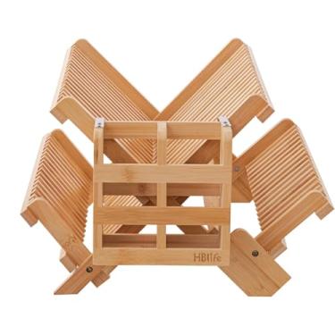 Imagem de HBlife Escorredor de pratos de bambu com conjunto de porta-talheres de utensílios, suporte de secagem dobrável grande de 3 camadas para balcão de cozinha, escorredor dobrável