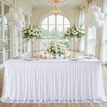 Imagem de Toalha de mesa branca retangular de tule de 1,8 m, toalhas de mesa brancas para mesas retangulares de 1,8 m, capas de mesa elásticas de elastano para festas, casamentos, aniversários, eventos buffet