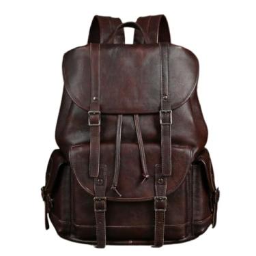 Imagem de Transversal Mochila masculina de couro curtido vegetal de grãos superiores – Bolsa de viagem retrô para laptop de negócios, estilo vintage(Coffee)