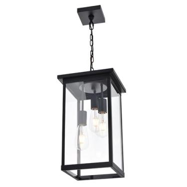 Imagem de Yaohong Luminária pendente grande de 43 cm para ambientes externos, 3 luzes, preto fosco, lanterna de pendurar com vidro transparente, lustre externo para varanda, pátio, gazebo, entrada
