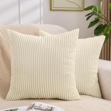 Imagem de Yosodeko Capas de almofada decorativas bege creme, 50 x 50 cm, pacote com 2, capas de almofada de veludo cotelê macio, textura listrada, minimalista, moderna, decoração de casa para sofá, poltrona