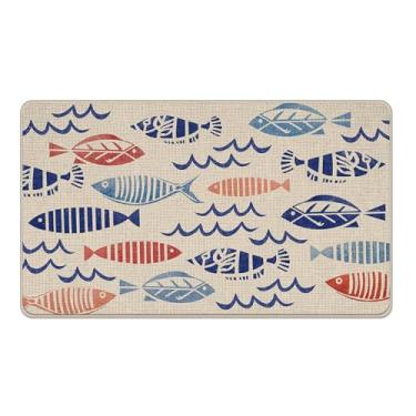 Imagem de Livcoz Tapete de porta frontal de boas-vindas com peixes costeiros, tapete decorativo de praia náutica, tapete de entrada antiderrapante, onda do mar, perfil baixo, decoração de cozinha para uso