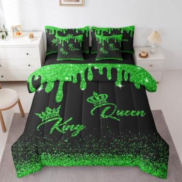 Imagem de Manfei Conjunto de edredom King e Queen, tamanho king, coroa verde, lantejoulas, arte fluida, conjunto de edredom com edredom, lençol de cima, lençol com elástico, fronhas e fronhas