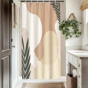Imagem de Cortina de chuveiro boho rosa e bege para banheiro, moderna, minimalista, decoração de banheiro, abstrata, folhas listradas, cortinas de banheira estéticas, lavável na máquina, tecido de poliéster à