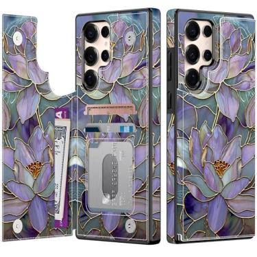 Imagem de Goodon Capa carteira para Samsung Galaxy S25 Ultra com suporte para cartão, bloqueio RFID, capa floral vintage estética, capa protetora retrô moderna exclusiva para mulheres e meninas - Lótus roxo