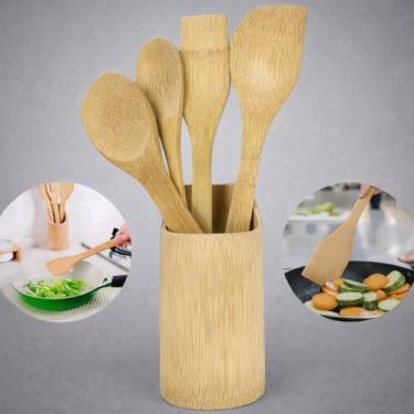Imagem de Kit Utensílios de Cozinha em Bambu 5 Peças com Suporte | Colher, Espátula e Concha | Sustentável, Resistente ao Calor