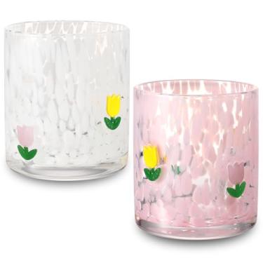 Imagem de Mimorou 2 peças de copos de suco de ícone de primavera 396 g com tema de flor de tulipa para festas, copos reutilizáveis duplos fofos à moda antiga para decoração de bar em casa, presentes adoráveis