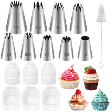 Imagem de LLMSIX Conjunto de 16 peças de pontas de tubulação grandes e acopladores de tubulação, pontas de decoração de bolo de aço inoxidável, pontas de cobertura para cupcakes, estrela, flor, concha, borda