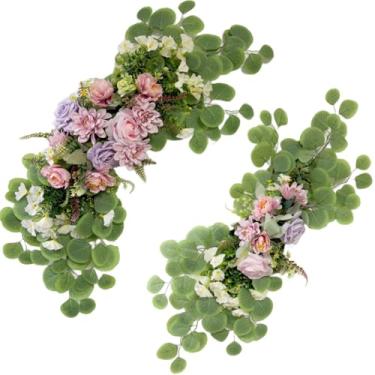 Imagem de H&S BRIDAL Flores de arco de casamento, floral rosa artificial Dalia com eucalipto vegetal de mães, conjunto de 2 arranjos de flores de seda para placa de boas-vindas, cenário de cerimônia, decoração