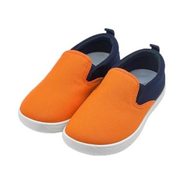 Imagem de Tênis infantil para meninas e meninos, cano baixo, sem cadarço, com bloqueio de cor, sapatos casuais de lona, confortável, tênis de corrida e caminhada com bloqueio de cor laranja azul, Laranja, azul