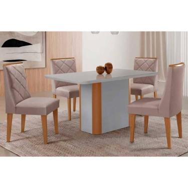 Imagem de Conjunto: Mesa de Cozinha Pietá c/ Tampo Madeirado c/ Vidro Canto Curvo 120x80cm e 4 Cadeiras Pietá Naturale/Off White - Linho Capuccino - Rufato