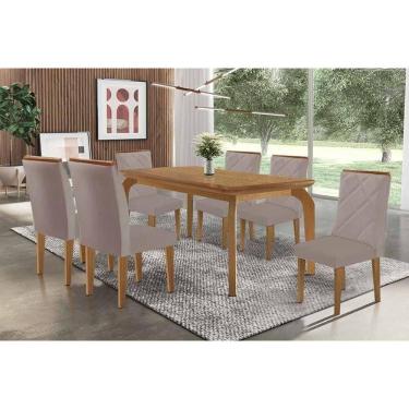 Imagem de Conjunto: Mesa Sala Jantar Londrina c/ Tampo Madeirado Canto Curvo 180x90cm e 6 Cadeiras Pietá Naturale - Linho Capuccino Rufato