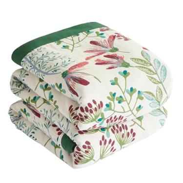Imagem de Cobertor Boho para cama 127 x 152 cm, cobertor 100% algodão para sofá de sofá, colcha de musselina ultra macia de 4 camadas com estampa floral, cobertor/capa de cama de fazenda para decoração de sala