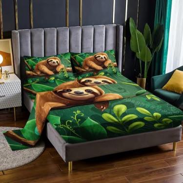 Imagem de AILONEN Jogo de lençol casal com desenho de preguiça fofa, bicho-preguiça em um ramo, 4 peças, 1 bolso profundo, 1 lençol de cima e 2 fronhas